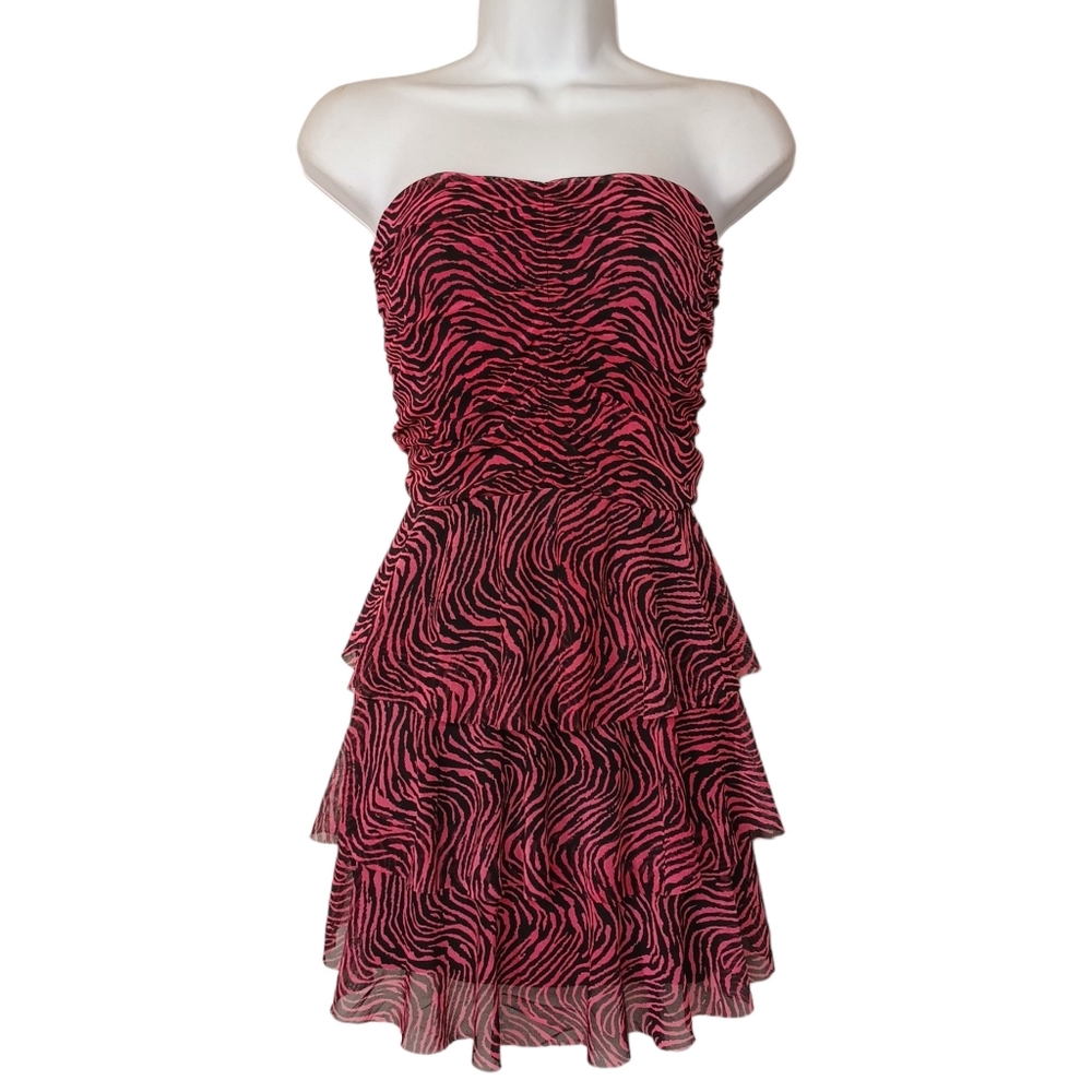 ROUTE 3 Pink Black Zebra Animal Print Strapless Ruffle A-Line Dress Large